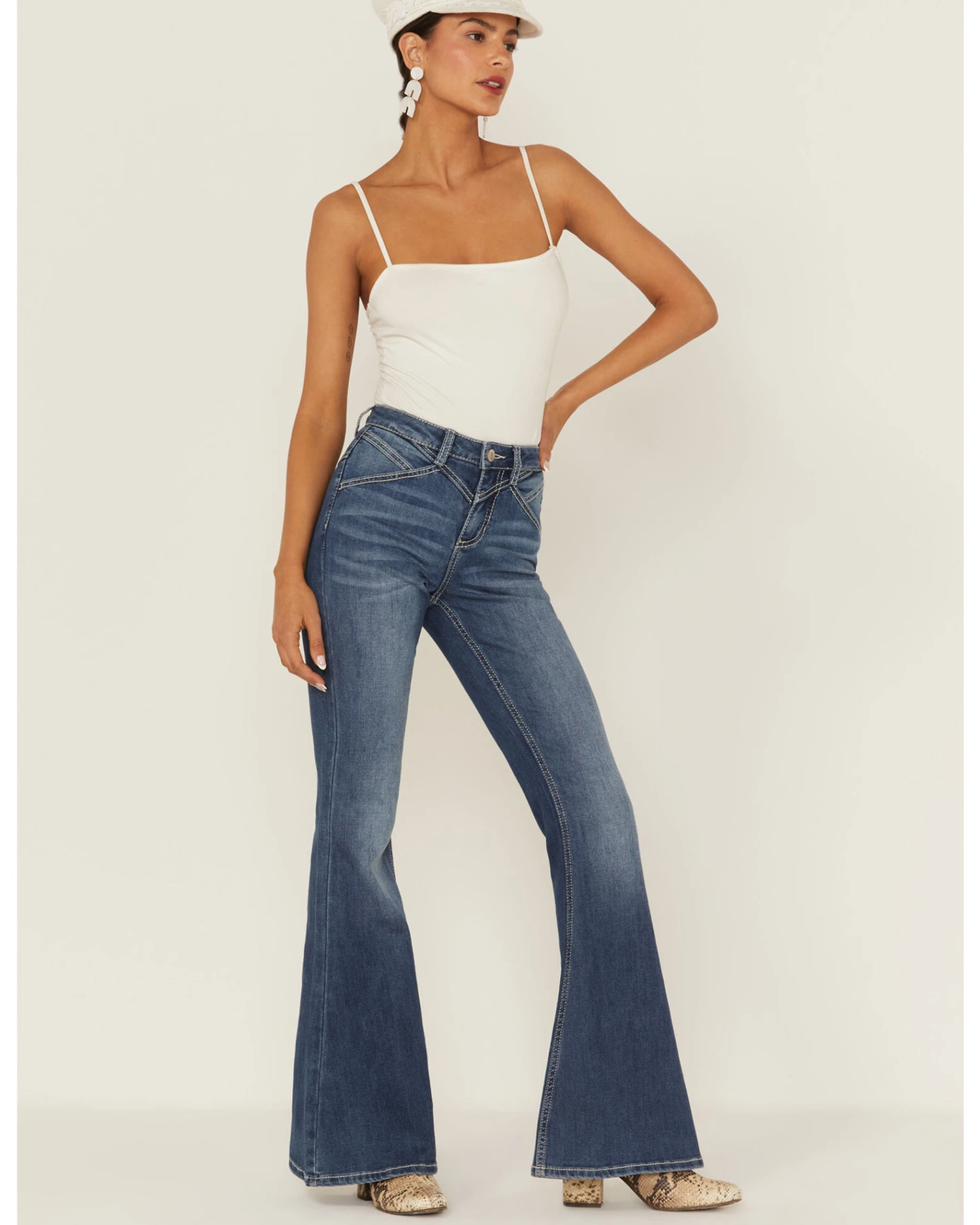 Shyanne Women's Medium Dark Wash High Rise Seam Detail Flare Jeans 1 Shyanne Women's Medium Dark Wash High Rise Seam Detail Flare Jeans