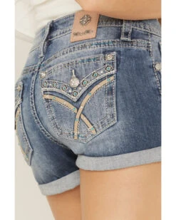 Miss Me Women's Embellished Medium Wash Mid Rise Shorts 7 Miss Me Women's Embellished Medium Wash Mid Rise Shorts -Cowgirl Edge Sales 2000361059 400 P2