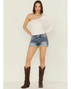 Miss Me Women's Embellished Medium Wash Mid Rise Shorts 6 Miss Me Women's Embellished Medium Wash Mid Rise Shorts -Cowgirl Edge Sales 2000361059 400 P3