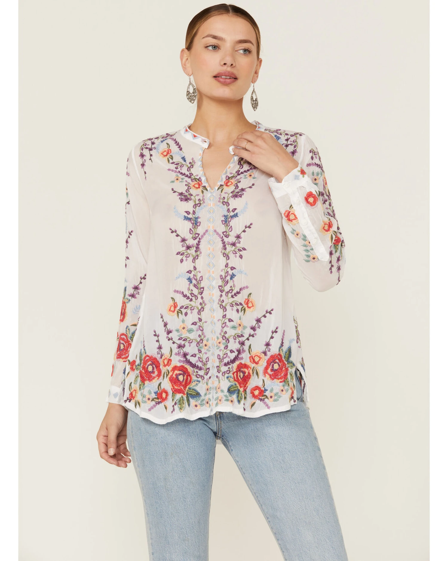 Johnny Was Women's Yasmine Embroidered Long Sleeve White Blouse 1 Johnny Was Women's Yasmine Embroidered Long Sleeve White Blouse