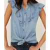 Tasha Polizzi Women's Chambray Ruffle Sleeveless Shirt