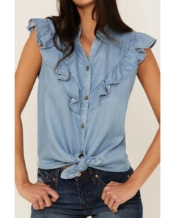 Tasha Polizzi Women's Chambray Ruffle Sleeveless Shirt
