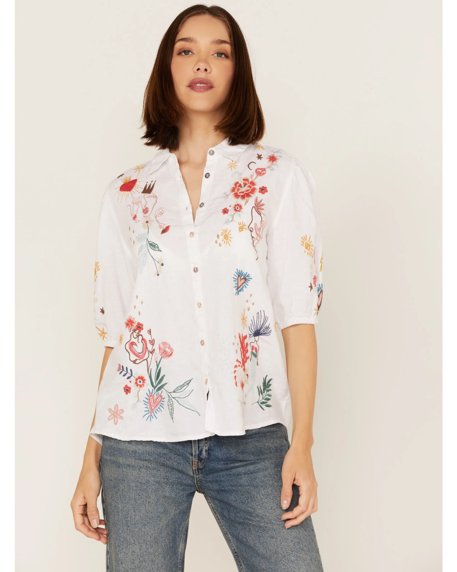 Johnny Was Women's Embroidered Lisbon Short Sleeve Button Down Blouse 3 Johnny Was Women's Embroidered Lisbon Short Sleeve Button Down Blouse - Image 3