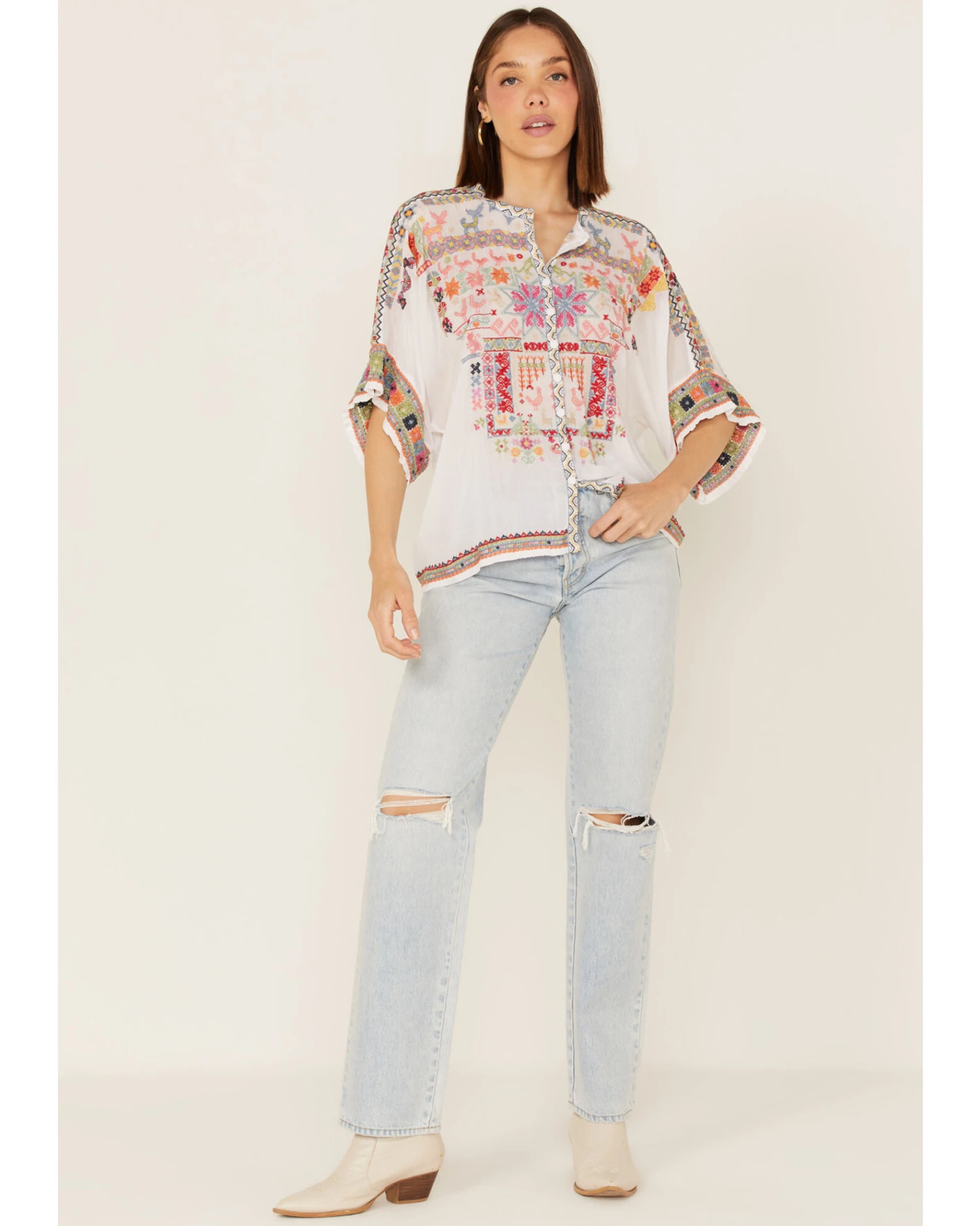 Johnny Was Women's Xylia Embroidered Wildlife & Floral Short Sleeve Blouse 4 Johnny Was Women's Xylia Embroidered Wildlife & Floral Short Sleeve Blouse - Image 4