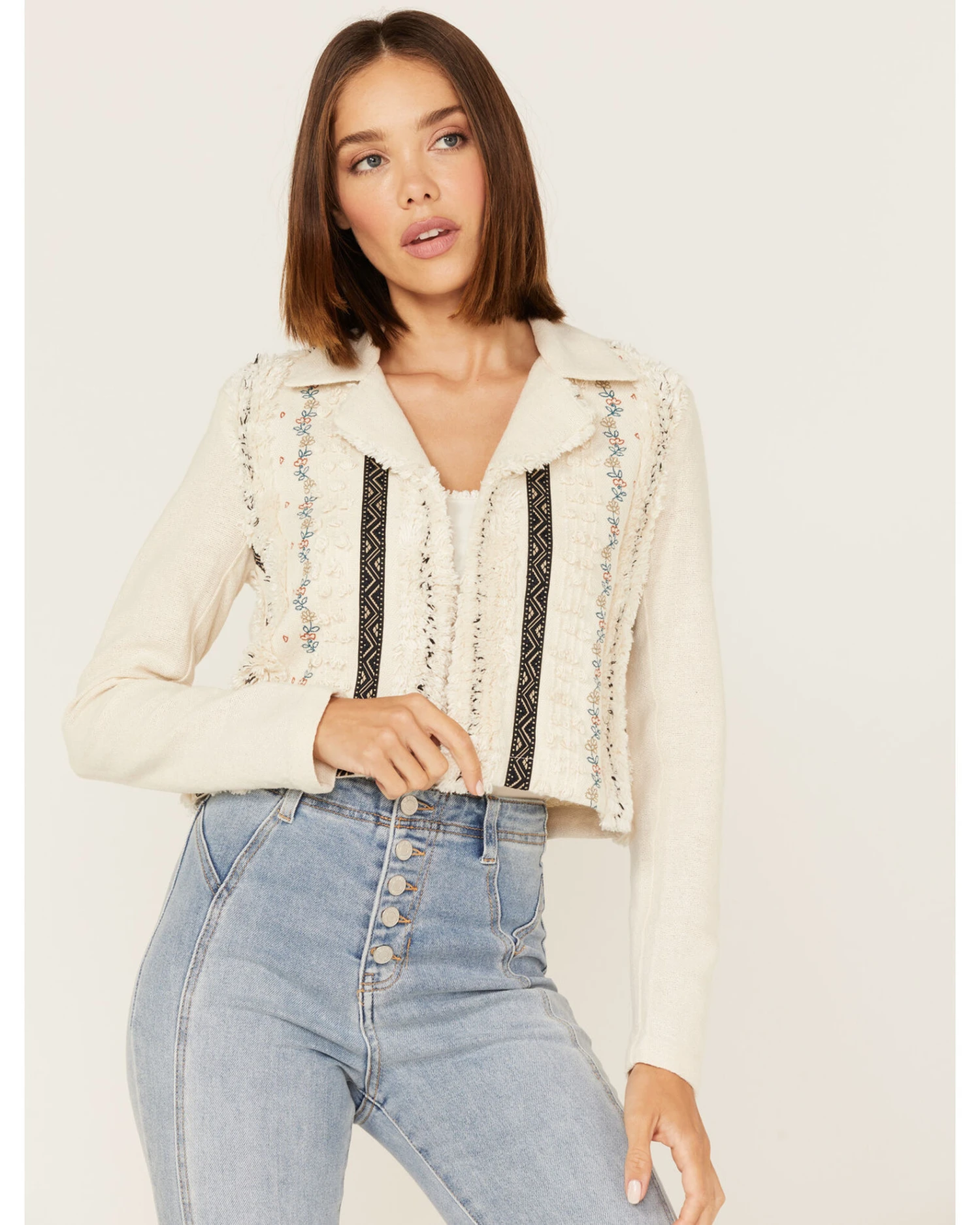 Shyanne Women's Embroidered Stripe Frayed Shacket 1 Shyanne Women's Embroidered Stripe Frayed Shacket