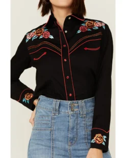 Rockmount Ranchwear Women's Vintage Rose Bouquet Embroidered Pearl Snap Western Shirt -Cowgirl Edge Sales 2000365333 001 P2