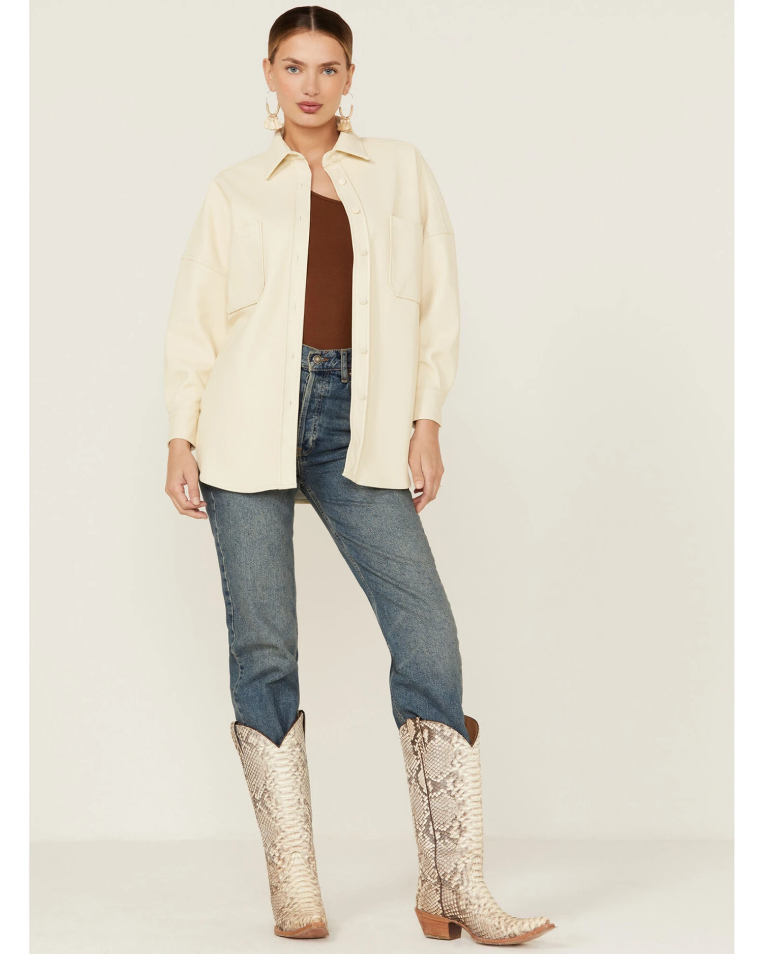 Sadie & Sage Women's Faux Leather Ecru Shacket 1 Sadie & Sage Women's Faux Leather Ecru Shacket