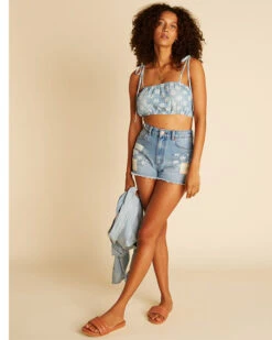 Billabong X Wrangler Women's High Rise Medium Wash Floral Showdown Patchwork Cut-Off Denim Shorts -Cowgirl Edge Sales 2000368004 400 P2