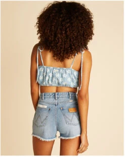 Billabong X Wrangler Women's High Rise Medium Wash Floral Showdown Patchwork Cut-Off Denim Shorts