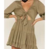 Lush Women's Tie Front Cutout Tiered Long Sleeve Dress