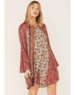 Lovestitch Women's Red & Natural Bell Sleeve Tie Back Mini Dress