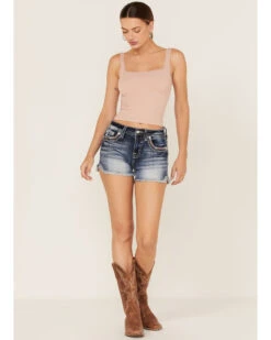 Miss Me Women's Dark Wash Southwestern Arrow Rhinestone Embroidered Denim Shorts -Cowgirl Edge Sales 2000369031 414 P3