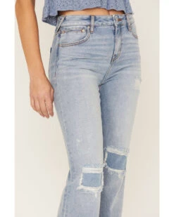 Cleo + Wolf Women's Light Wash High Rise Patchwork Distressed Straight Jeans