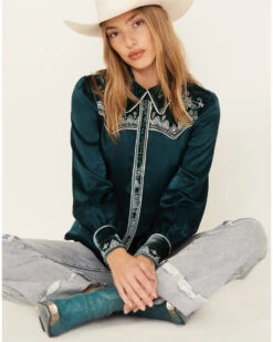 Shyanne Women's Embellished Velvet Long Sleeve Button-Down Western Shirt -Cowgirl Edge Sales 2000380648 443 P1