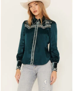 Shyanne Women's Embellished Velvet Long Sleeve Button-Down Western Shirt -Cowgirl Edge Sales 2000380648 443 P2