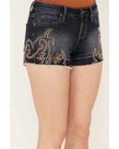 Shyanne Women's Dark Medium Wash Mid Rise Embroidered Stretch Denim Shorts -Cowgirl Edge Sales 2000382924 415 P2