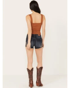 Shyanne Women's Dark Medium Wash Mid Rise Embroidered Stretch Denim Shorts -Cowgirl Edge Sales 2000382924 415 P3