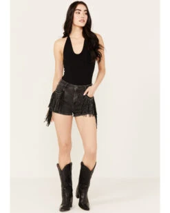 Rock & Roll Denim Women's Mid Rise Ex Stretch Studded Fringe Denim Shorts