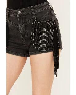 Rock & Roll Denim Women's Mid Rise Ex Stretch Studded Fringe Denim Shorts -Cowgirl Edge Sales 2000385102 002 P2