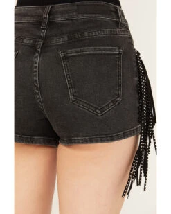Rock & Roll Denim Women's Mid Rise Ex Stretch Studded Fringe Denim Shorts -Cowgirl Edge Sales 2000385102 002 P4