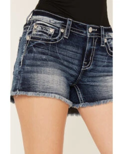 Miss Me Women's Medium Wash Mid Rise Floral Frayed Denim Shorts -Cowgirl Edge Sales 2000387019 414 P4