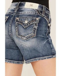 Miss Me Women's Dark Wash Mid Rise Border Cuffed Denim Shorts -Cowgirl Edge Sales 2000387025 416 P2