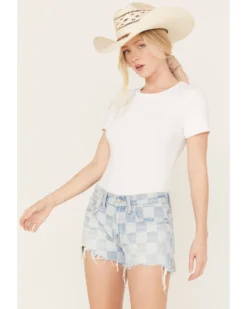 Lucky Brand Women's Light Wash Speedway Checkered Mid Rise Distressed Shorts -Cowgirl Edge Sales 2000388111 412 P1