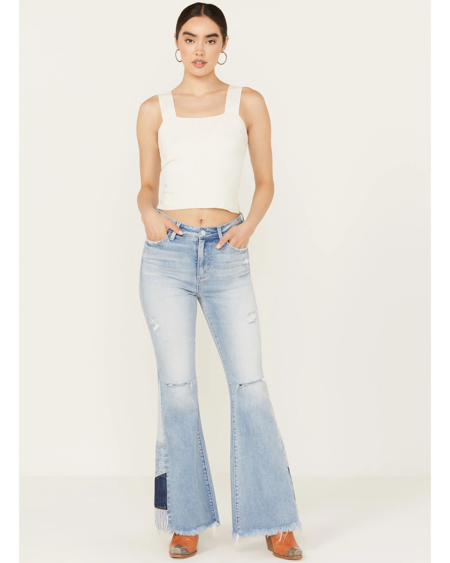 Ceros Women's Light Wash High Rise Destructed Patchwork Flare Stretch Jeans 1 Ceros Women's Light Wash High Rise Destructed Patchwork Flare Stretch Jeans