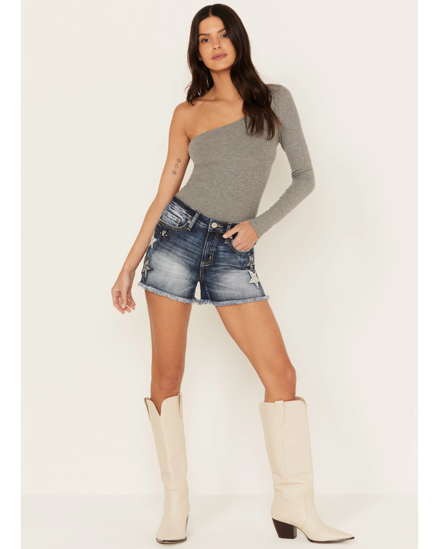 Miss Me Women's Dark Wash High Rise Star Paisley Patch Print Frayed Shorts 4 Miss Me Women's Dark Wash High Rise Star Paisley Patch Print Frayed Shorts - Image 4