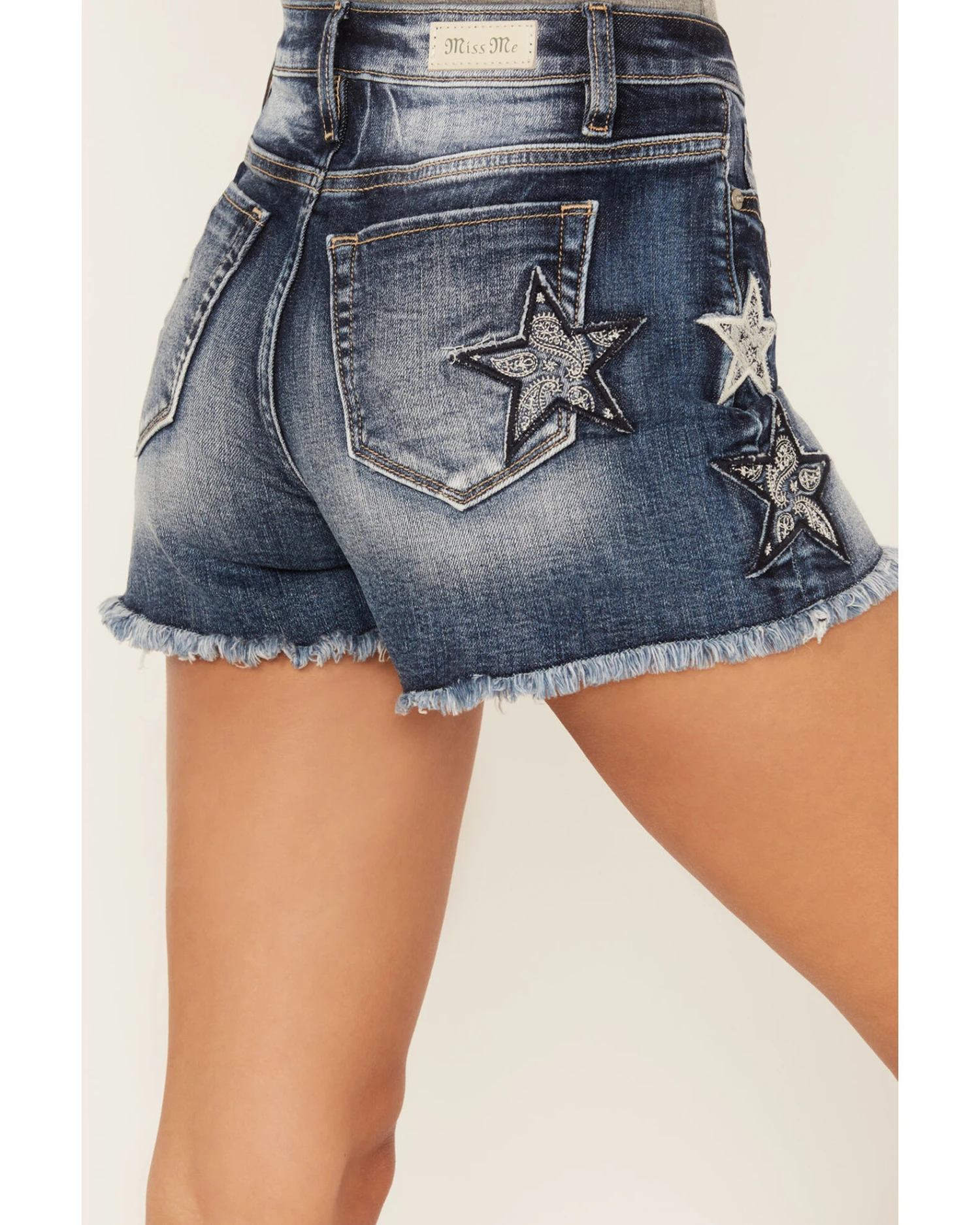 Miss Me Women's Dark Wash High Rise Star Paisley Patch Print Frayed Shorts 1 Miss Me Women's Dark Wash High Rise Star Paisley Patch Print Frayed Shorts