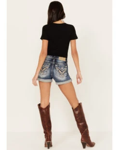 Miss Me Women's Dark Wash Mid Rise Wing Feather Double Roll Hem Shorts -Cowgirl Edge Sales 2000388618 401 P1