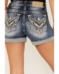 Miss Me Women's Dark Wash Mid Rise Wing Feather Double Roll Hem Shorts -Cowgirl Edge Sales 2000388618 401 P2