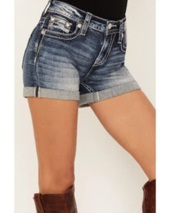 Miss Me Women's Dark Wash Mid Rise Wing Feather Double Roll Hem Shorts