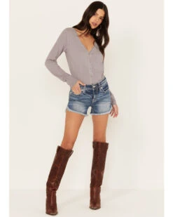 Miss Me Women's Light Wash Mid Rise Americana Star Wing Frayed Hem Shorts -Cowgirl Edge Sales 2000388619 450 P3