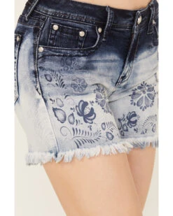 Grace In LA Women's Medium Wash Mid Rise Two Toned Floral Frayed Hem Denim Shorts 6 Grace In LA Women's Medium Wash Mid Rise Two Toned Floral Frayed Hem Denim Shorts -Cowgirl Edge Sales 2000388998 400 P2