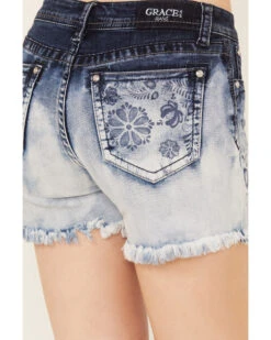 Grace In LA Women's Medium Wash Mid Rise Two Toned Floral Frayed Hem Denim Shorts 7 Grace In LA Women's Medium Wash Mid Rise Two Toned Floral Frayed Hem Denim Shorts -Cowgirl Edge Sales 2000388998 400 P4