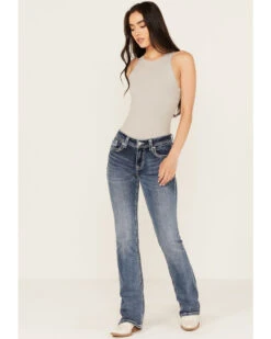 Grace In LA Women's Medium Wash Mid Rise Dream Catcher Pocket Bootcut Jeans -Cowgirl Edge Sales 2000388999 416 P3